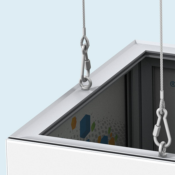 Detail: Suspension with eye bolt and wire suspension cable on 6 side surfaces