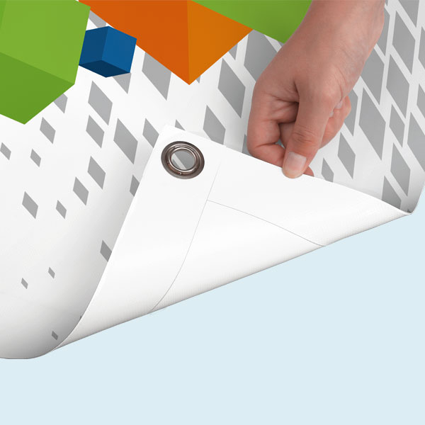 PVC banner printed on one side, with rear-side edge reinforcement