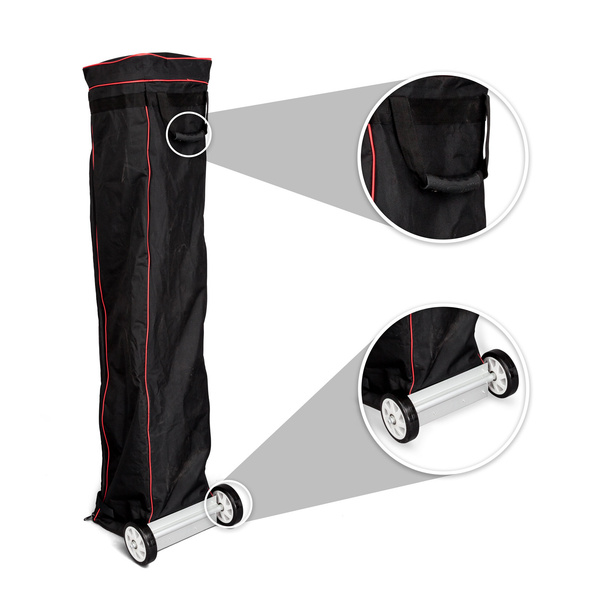 Trolley made of fabric, with handle and sturdy wheels for easy transport.