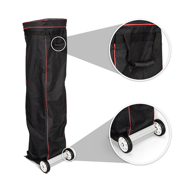 Trolley made of fabric, with handle and sturdy wheels for easy transport.