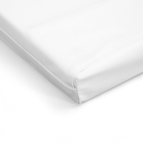 Rectangular seat cushion, detail: back with slot, overlapped stitching
