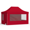 Pop up tent 3x4,5 m with 1 solid wall, 2 walls with panoramic windows and 1 wall with door and window, red
