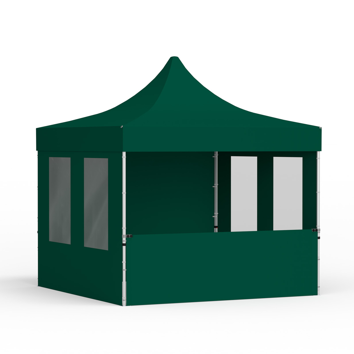 Pop up tent 3x3 m with 1 solid wall, 1 half-height wall and 2 walls with windows, green