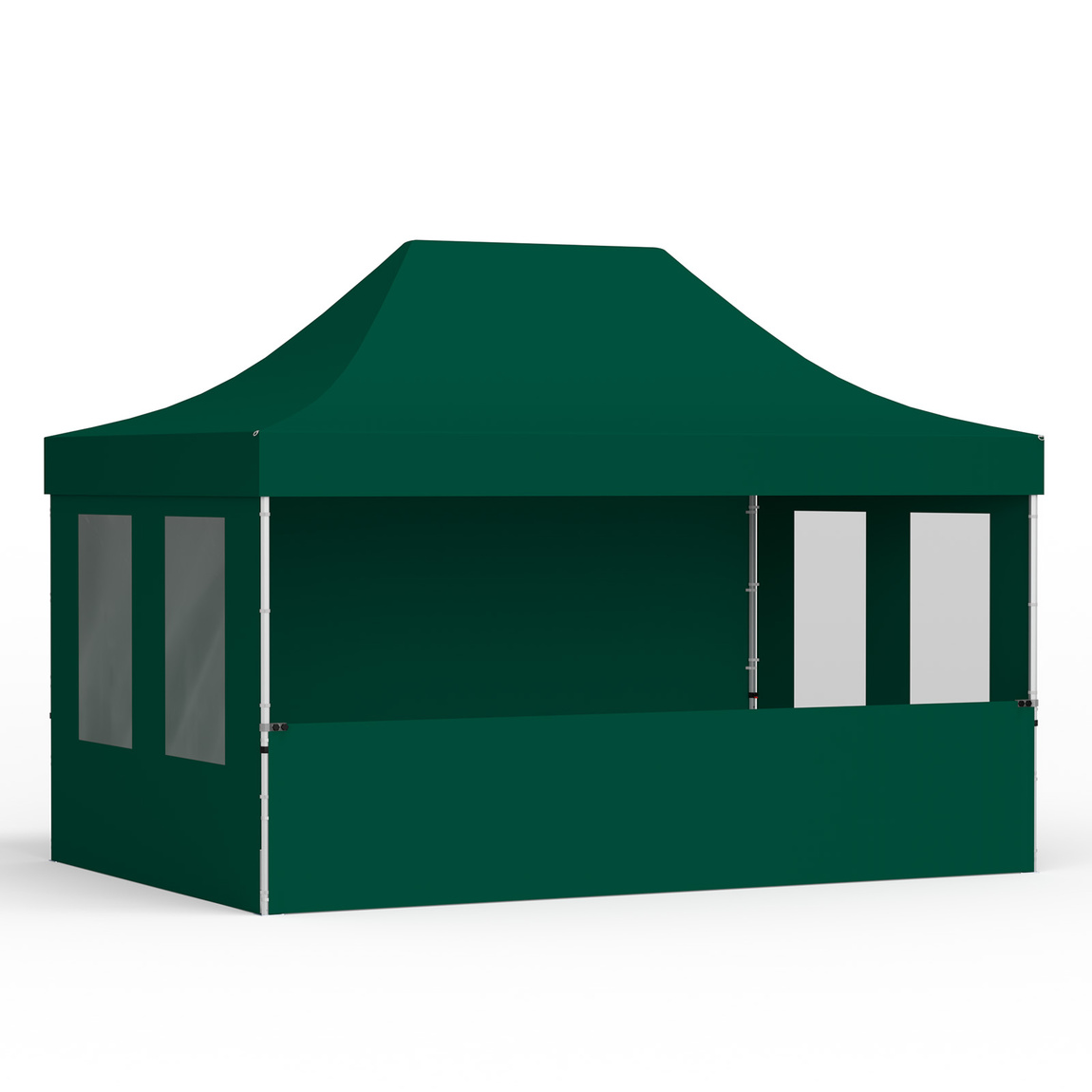 Pop up tent 3x4,5 m with 1 solid wall, 1 half-height wall and 2 walls with windows, green
