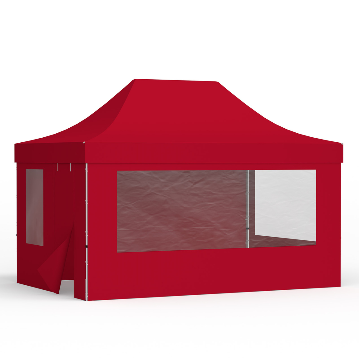 Pop up tent 3x4,5 m with 1 solid wall, 2 walls with panoramic windows and 1 wall with door and window, red