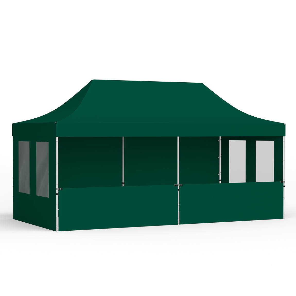 Pop up tent 3x6 m with 1 solid wall, 1 half-height wall and 2 walls with windows, green