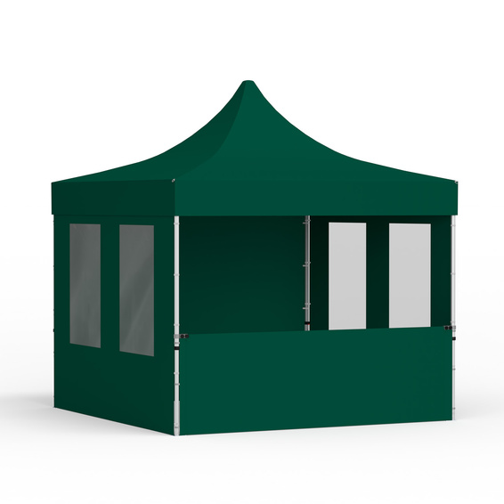 Pop up tent 3x3 m with 1 solid wall, 1 half-height wall and 2 walls with windows, green