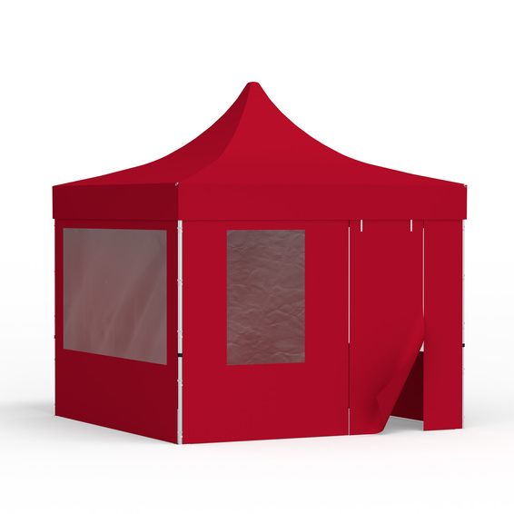 Pop up tent 3x3 m with 1 solid wall, 2 walls with panoramic windows and 1 wall with door and window, red
