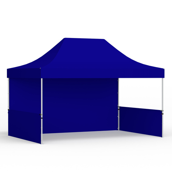 Pop up tent 3x4,5 m with 1 solid wall and 2 half-height walls, blue