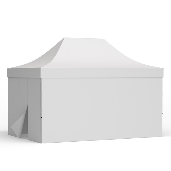 Pop up tent 3x4,5 m with 3 solid walls and 1 wall with a door, white