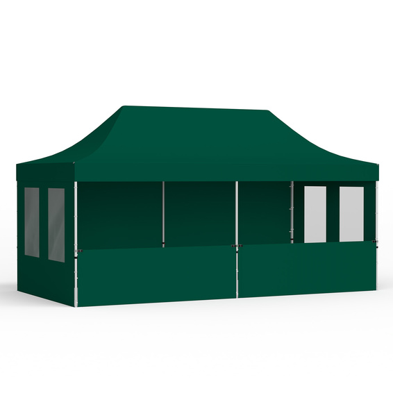 Pop up tent 3x6 m with 1 solid wall, 1 half-height wall and 2 walls with windows, green