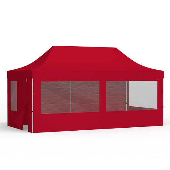 Pop up tent 3x6 m with 1 solid wall, 2 walls with panoramic windows and 1 wall with door and window, red