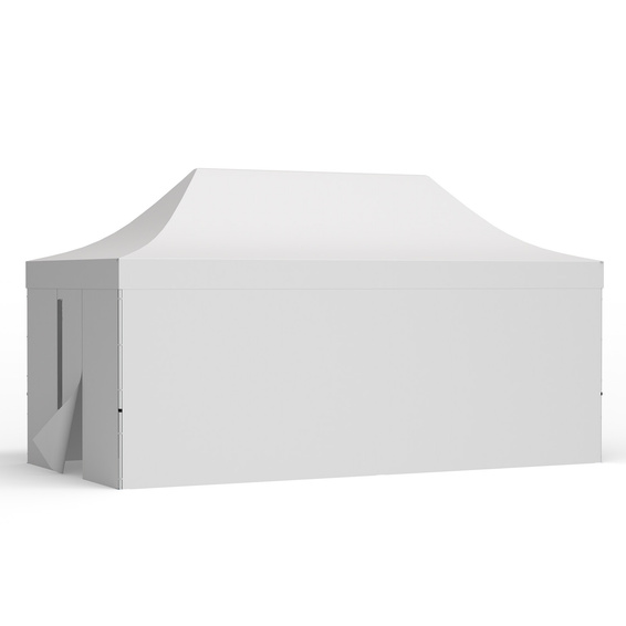 Pop up tent 3x6 m with 3 solid walls and 1 wall with a door, white