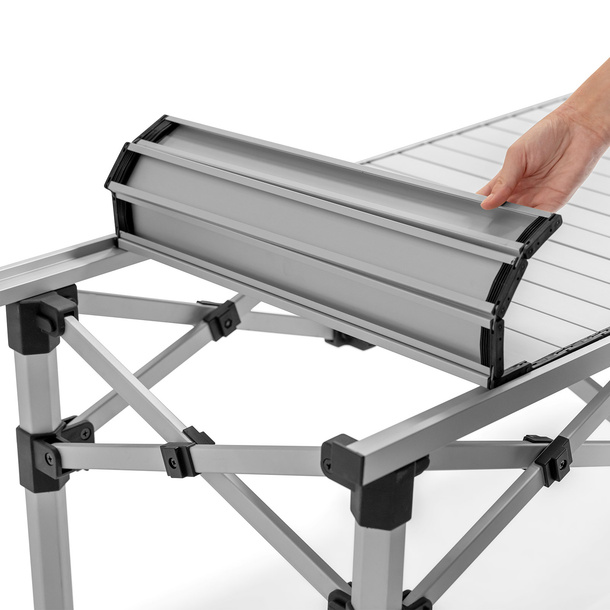Aluminum folding table with rollable tabletop surface