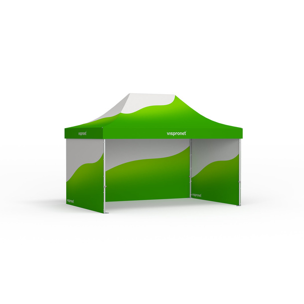 Pop-up tent with custom-printed canopy and 3 solid walls