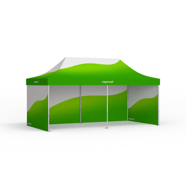 Pop-up tent with custom-printed canopy and 3 solid walls