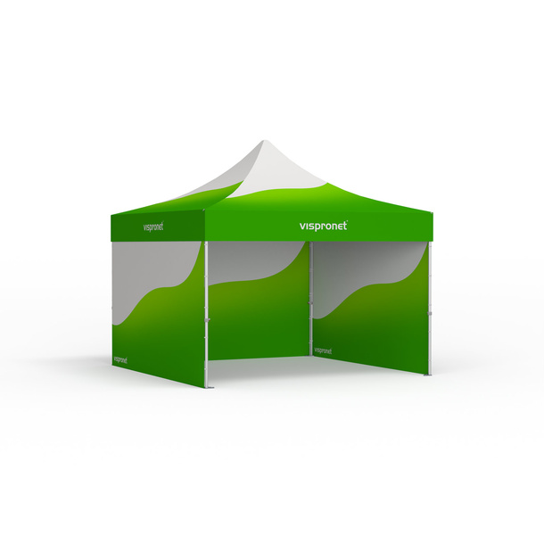 Pop-up tent with custom-printed canopy and 3 solid walls