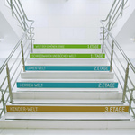 Floor film adhered to stairs for improved orientation at the point of sale.
