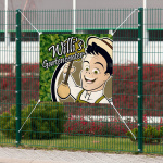 Advertising tarp mounted with clips at the corners