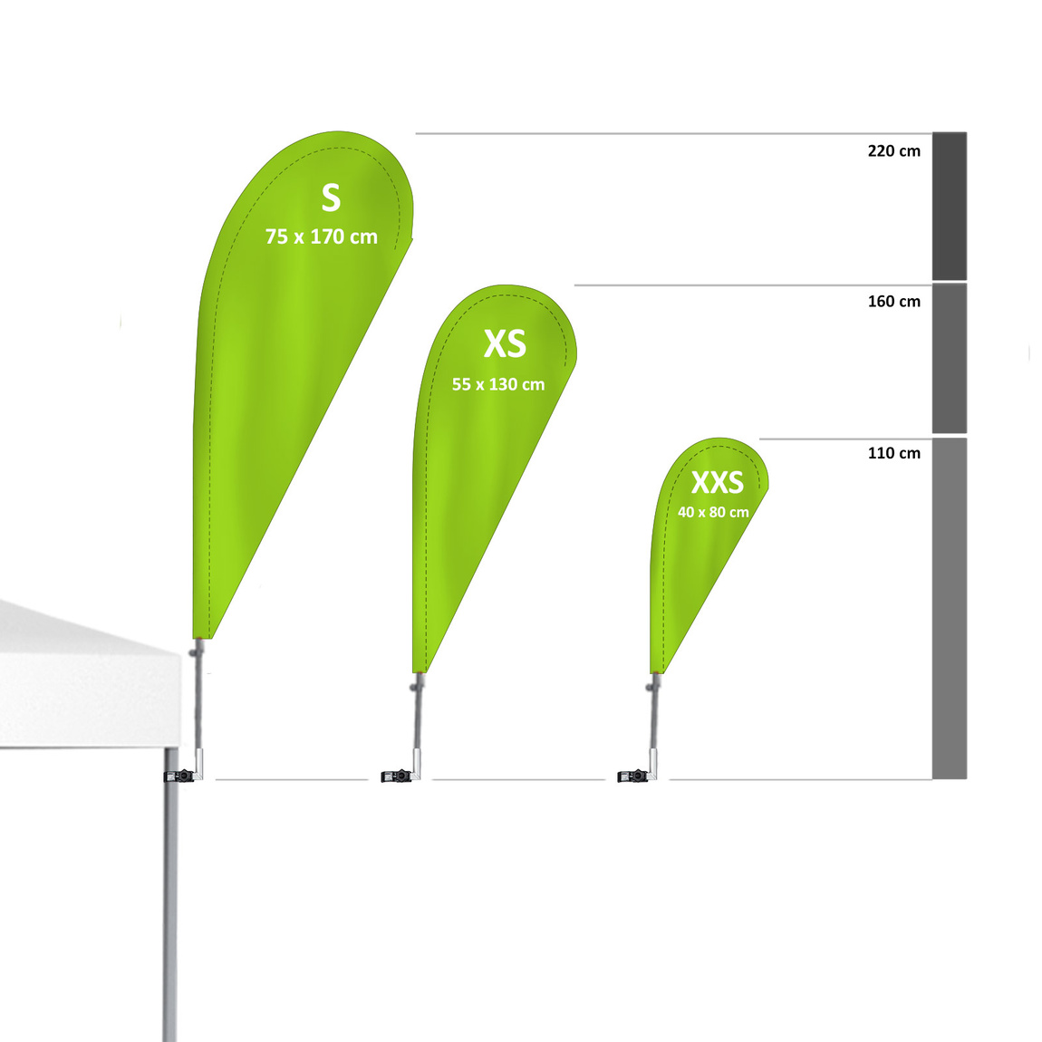 Size comparison Bowflag® Basic with vertical Bowflag® holder
