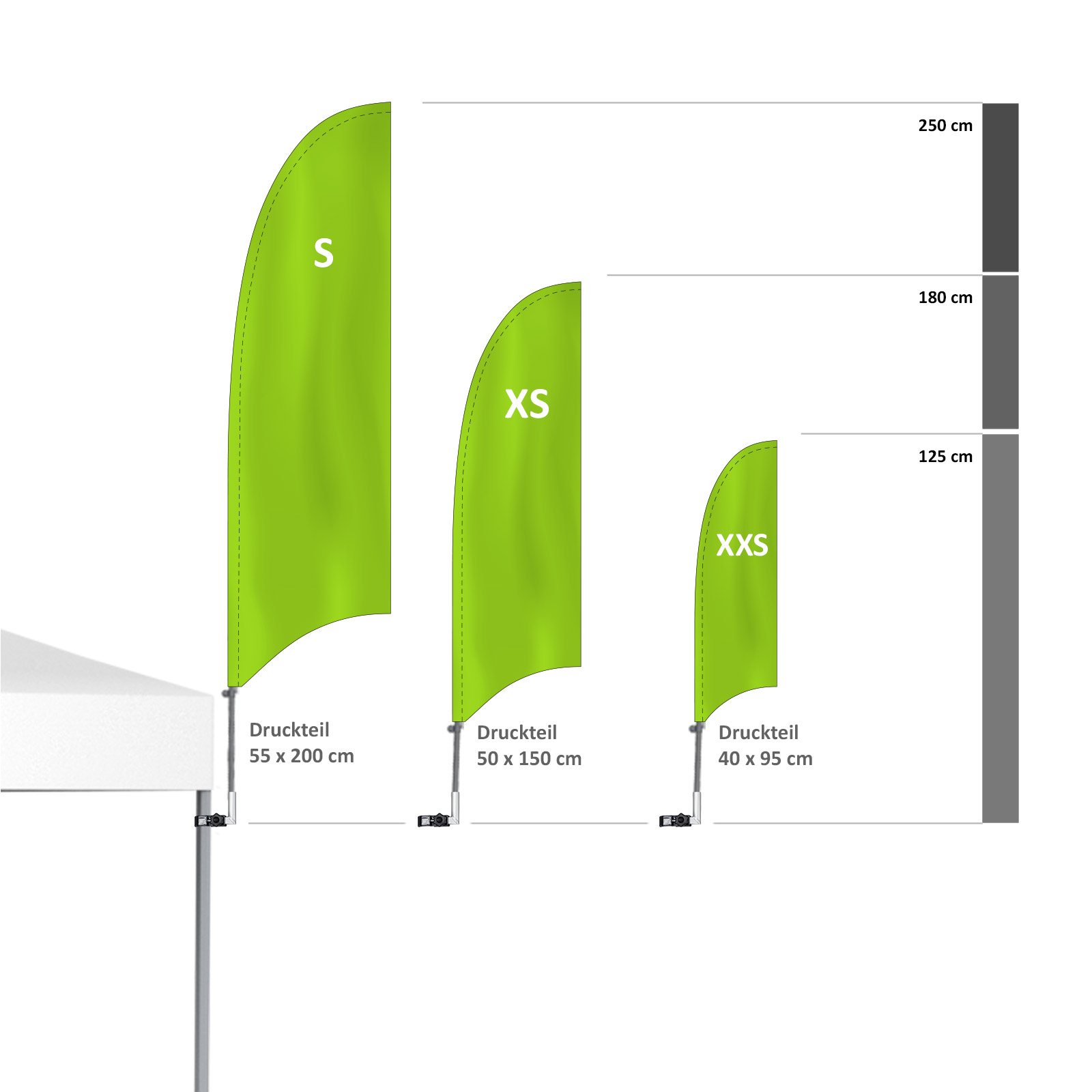 Size comparison Bowflag® Basic with vertical Bowflag® holder