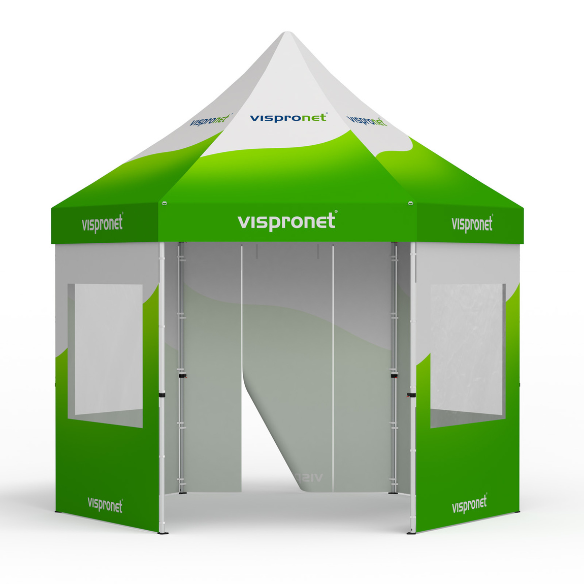 Folding tent including 1 wall with a door and 4 walls with panoramic windows