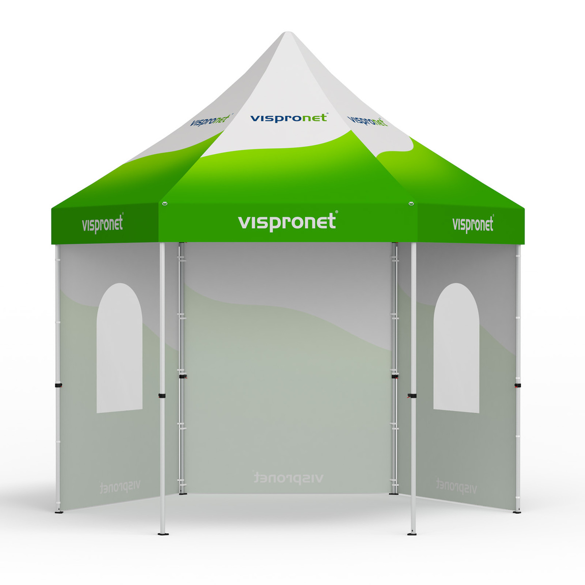 Folding tent including 1 solid panel and 2 panels with round windows