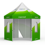 Folding tent including 1 wall with a door and 4 walls with round windows