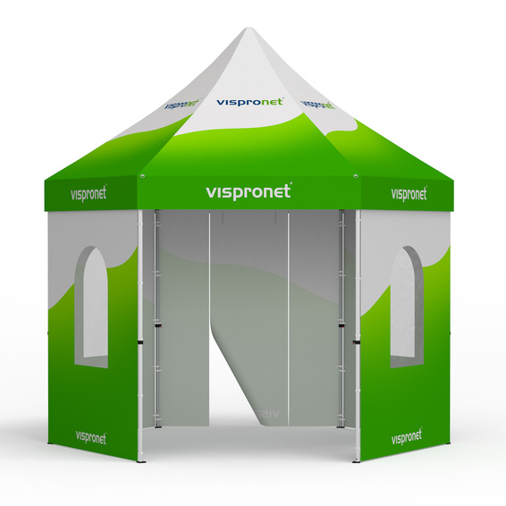 Folding tent including 1 wall with a door and 4 walls with round windows