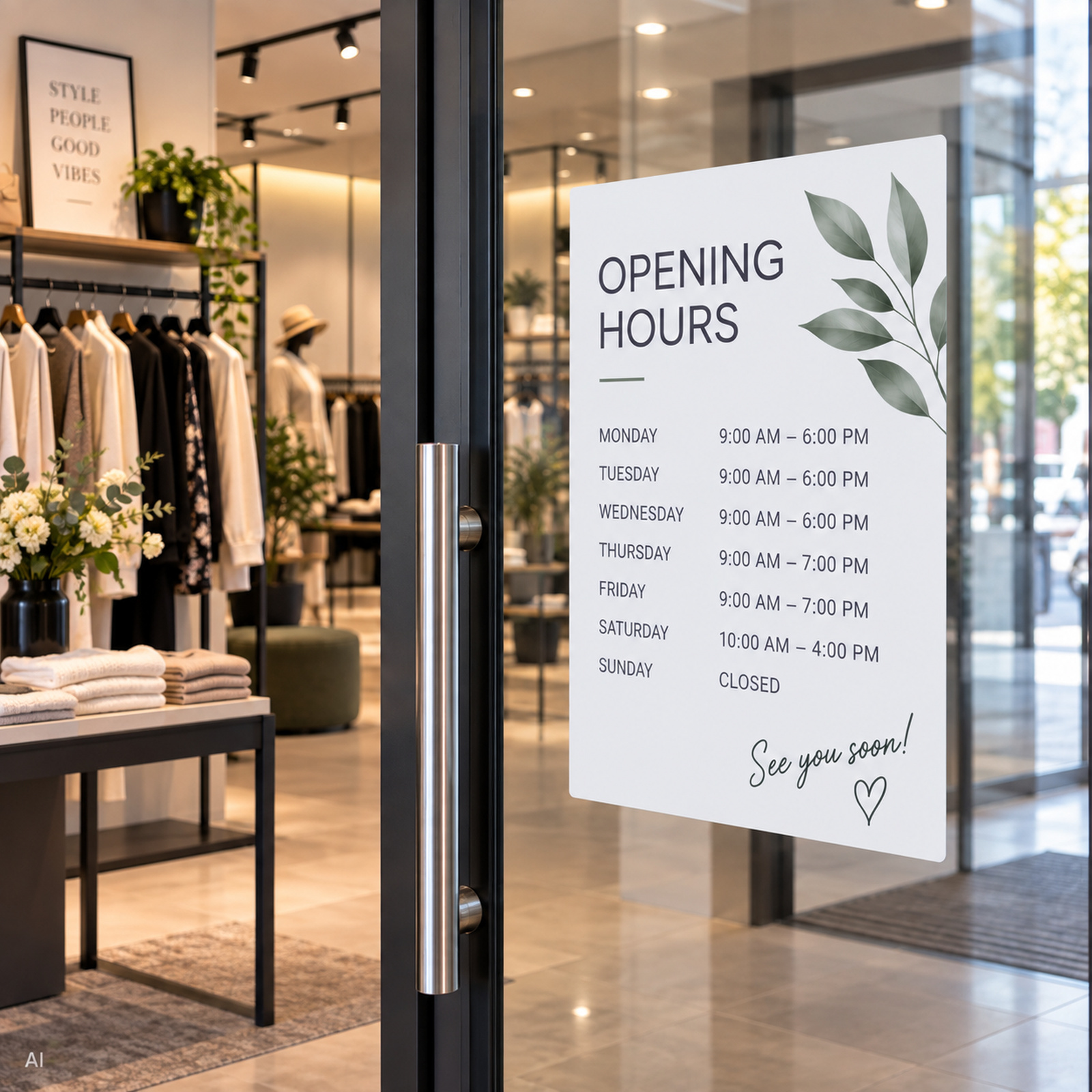 Permanent stickers made of white film to indicate opening hours