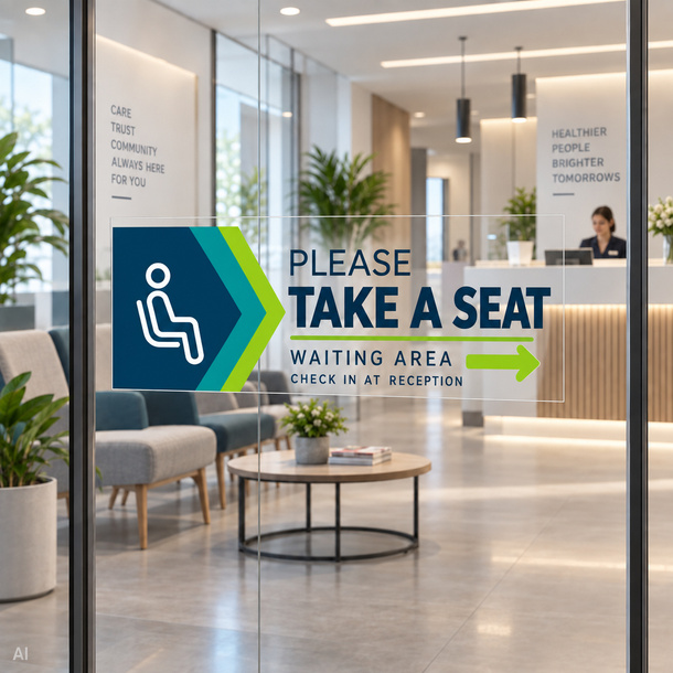 Transparent sticker with white print, perfect for signage on indoor glass panes