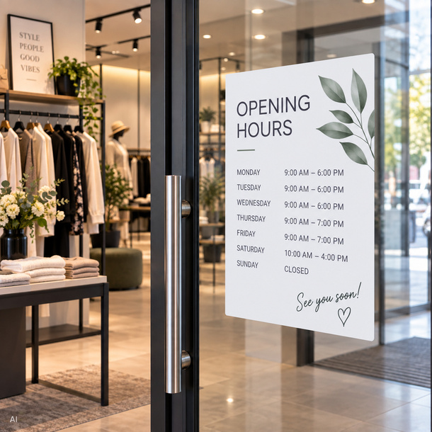 Permanent stickers made of white film to indicate opening hours