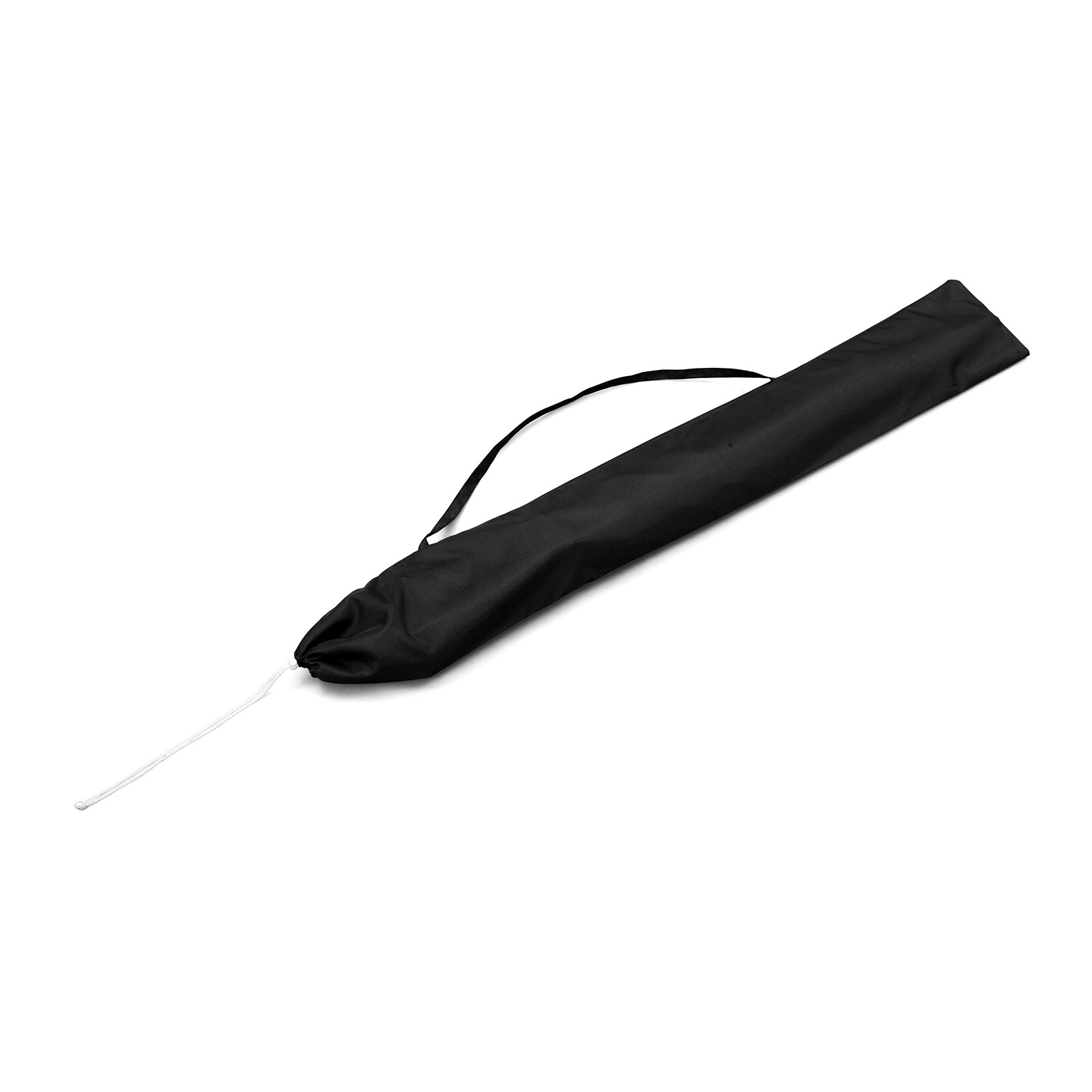 Small umbrella with crank, including fabric pouch with pull loop and carrying handle