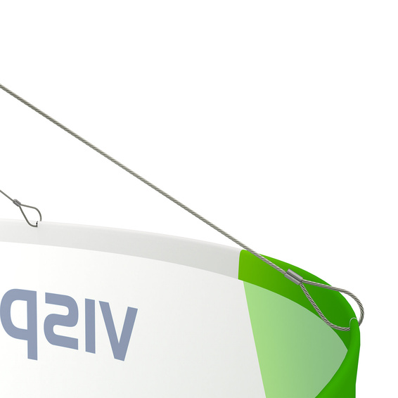 Detail: Upper edge of the ceiling hanger, notches in the printed graphic for stainless steel cables