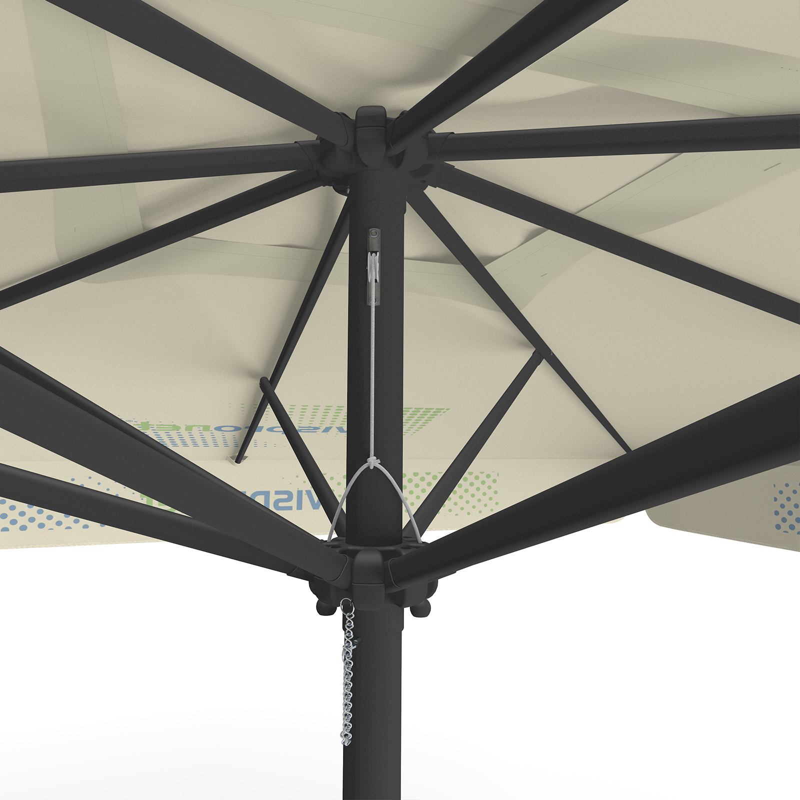 Parasol with logo print, 300 x 300 cm, detail of rope pulley system