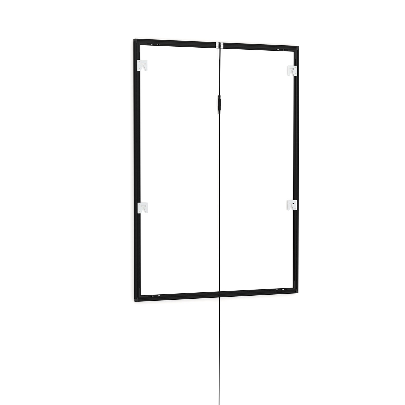 LED poster frame, A1, rear side with wall mounts and power connection cable