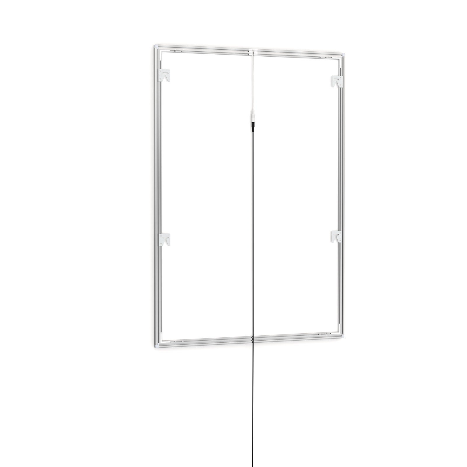 LED poster frame, A1, rear side with wall mounts and power connection cable