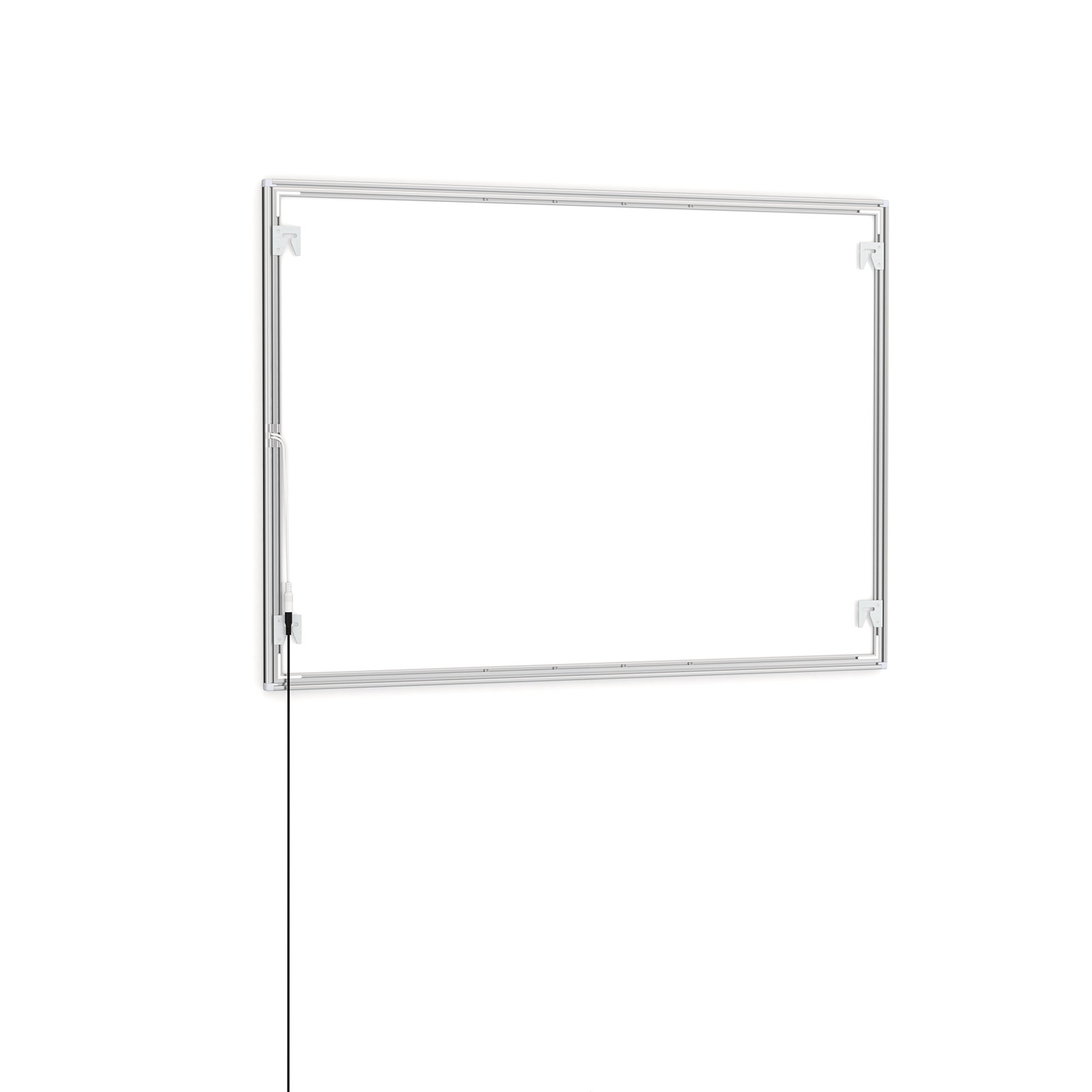 LED poster frame, A1, rear side with wall mounts and power connection cable