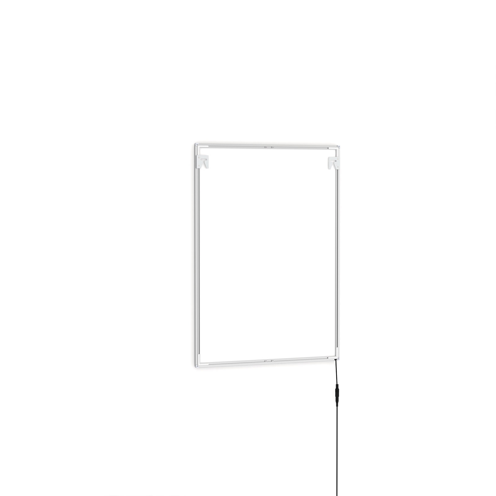 LED poster frame, rear side with wall mounts and power connection cable