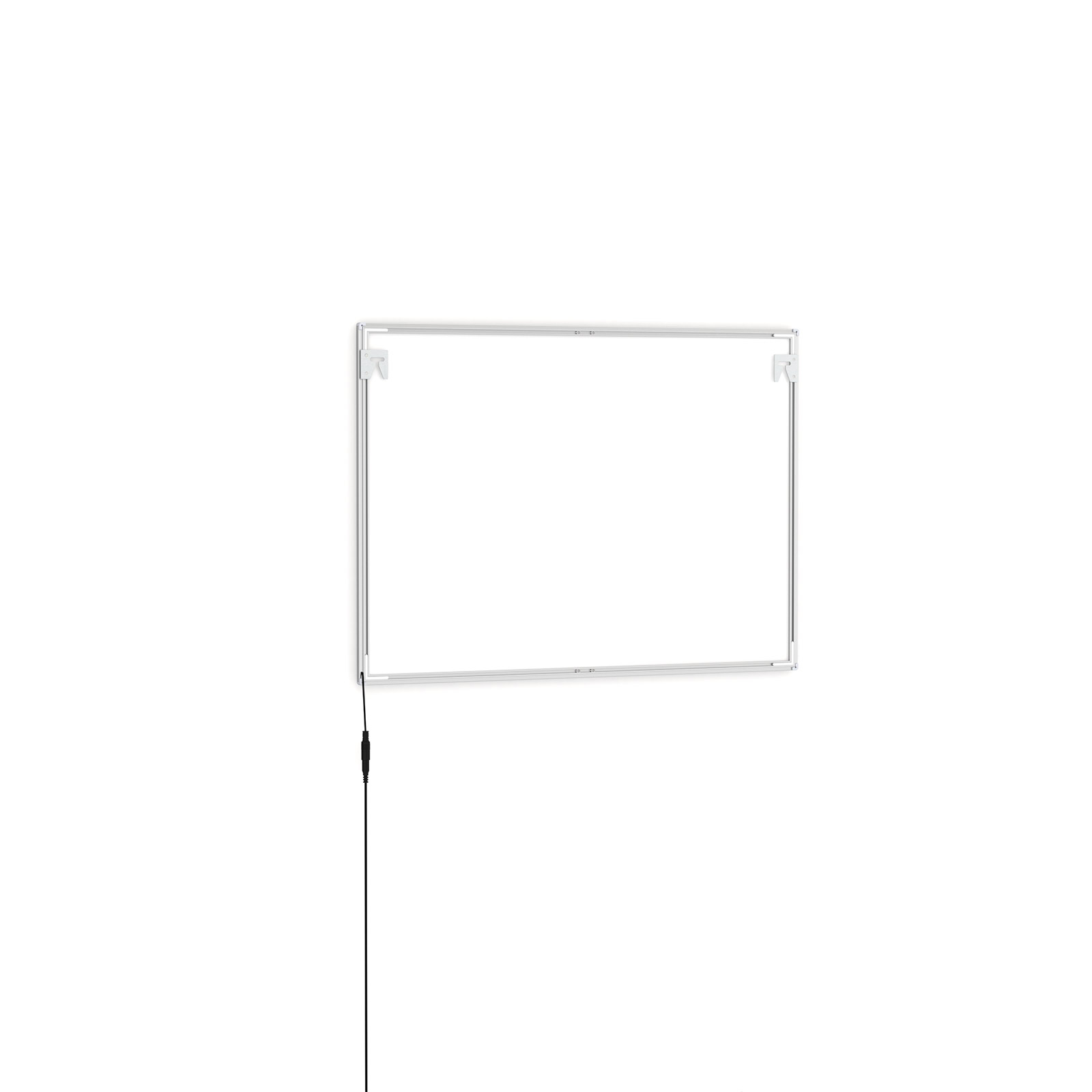 LED poster frame, rear side with wall mounts and power connection cable