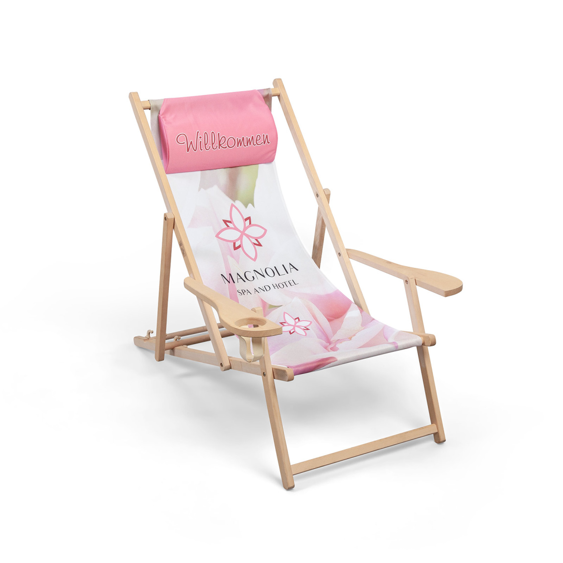 Deck chair with armrest & cup holder with optional neck pillow