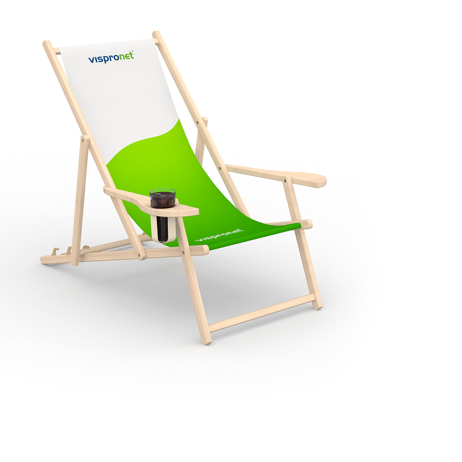 Deck chair with armrest and cup holder, adjustable to 3 height positions