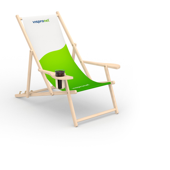 Deck chair with armrest and cup holder, adjustable to 3 height positions