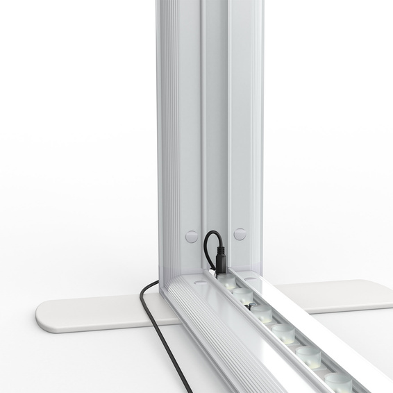 Lightbox flex exhibition wall, detail: lower corner with connected power cable