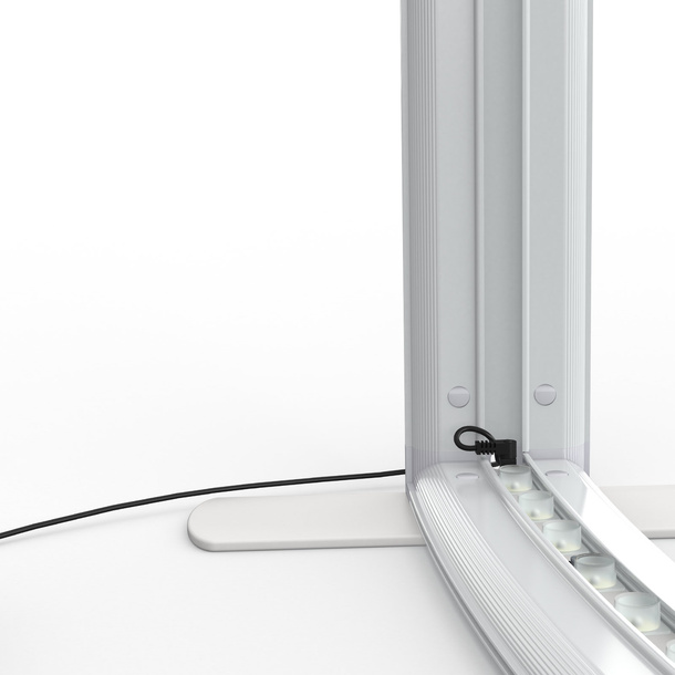 Trade show wall Lightbox flex curved, detail: lower corner with attached power cable