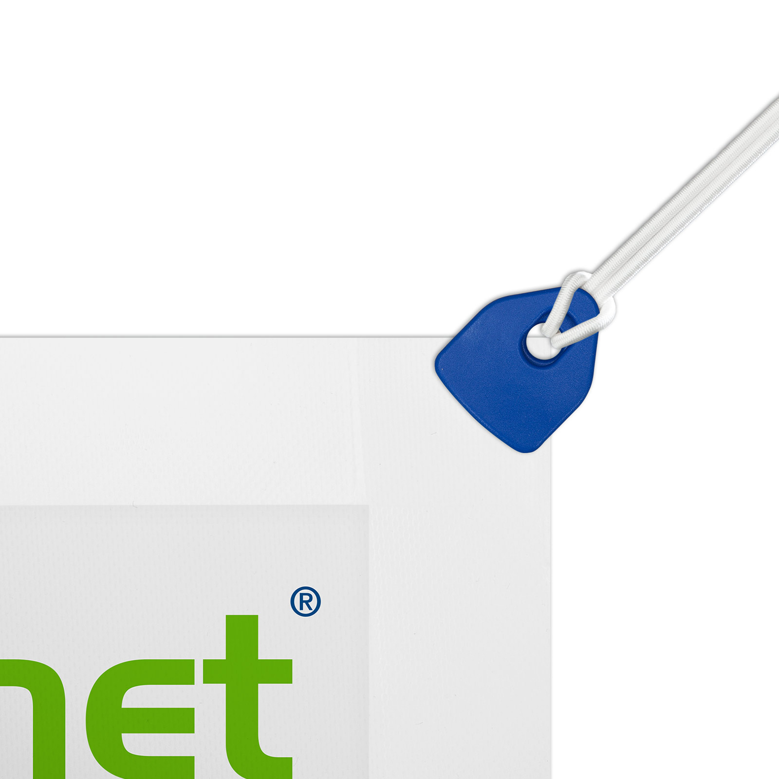 PVC banner, corner including mini clamp eyelet and tension rubber with hook