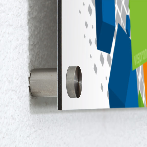 Poster with stainless steel wall standoff mounts, wall offset 20 mm