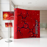 Pop-up hook-and-loop curved 3 x 3 as promotional wall, with B2 info board