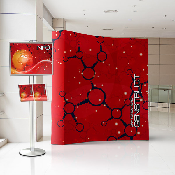 Pop-up hook-and-loop curved 3 x 3 as promotional wall, with B2 info board