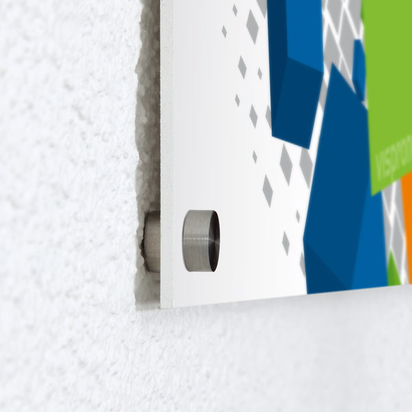 Poster with stainless steel wall standoff mounts, 5 mm wall offset